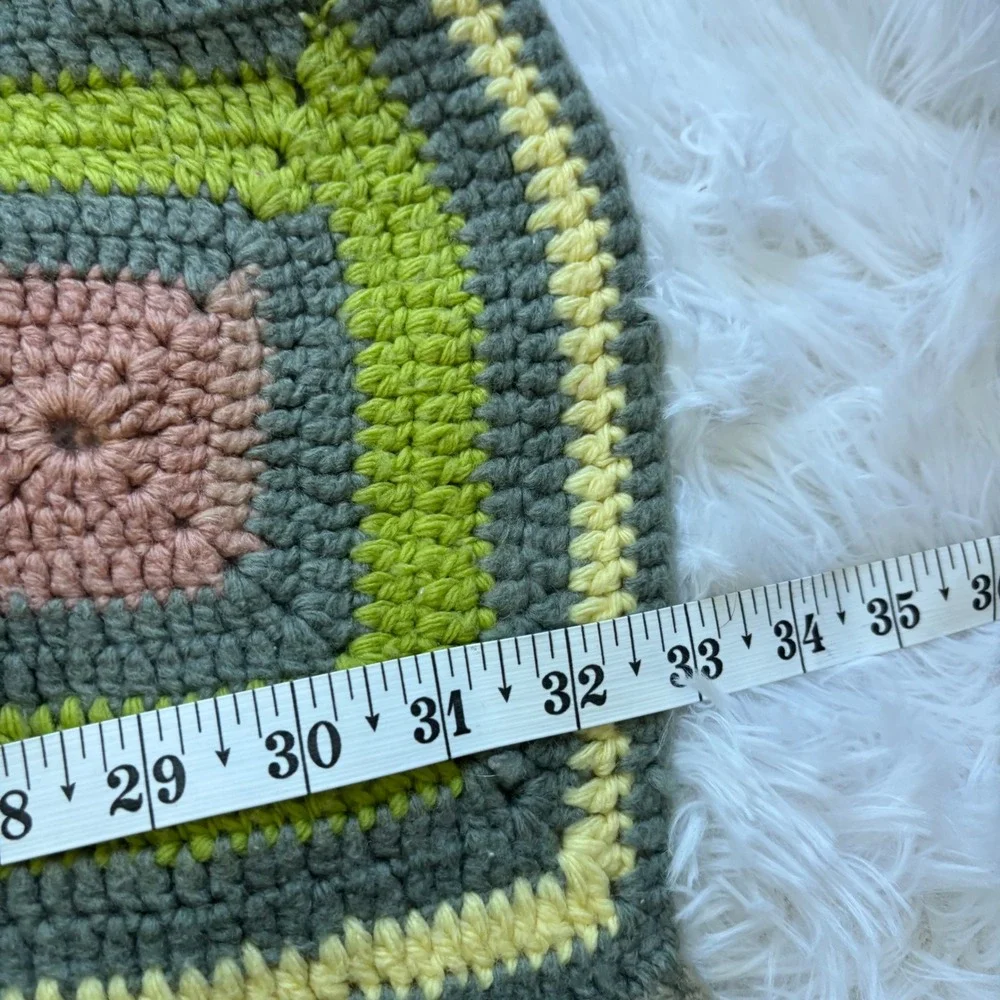 Vintage Hand Crochet Granny Blanket Afghan Earth Tone Green Beige Red Throw